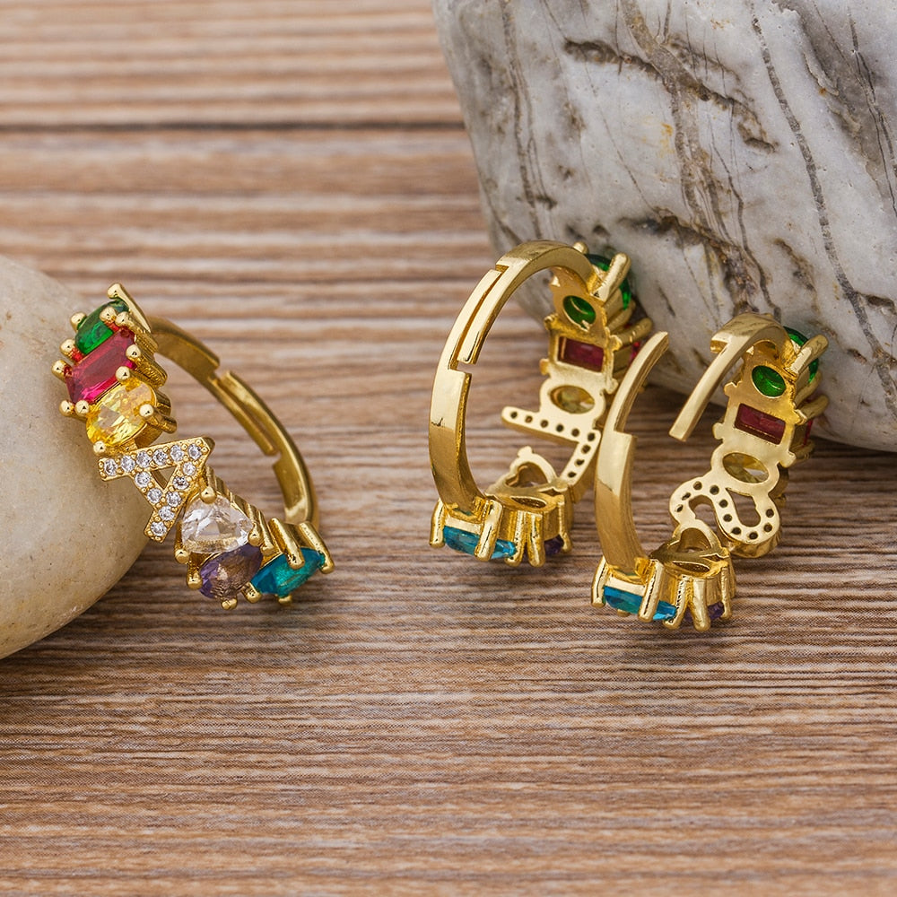 Hot Sale Adjustable A-Z Initial Ring Bohemian Copper Zircon  Rainbow Letter Rings for Women Girls Party Wedding Jewelry Gift