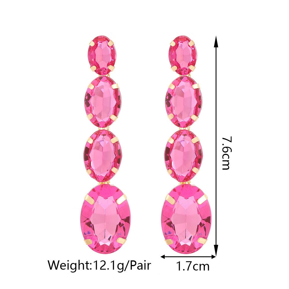Oval crystal long pendant earrings, elegant, feminine, niche design earrings
