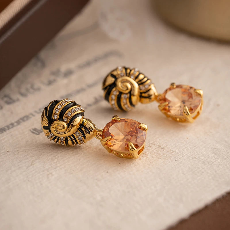 Drip Oil Palace Style Zircon Stone Pendant Earrings, Screw Earrings