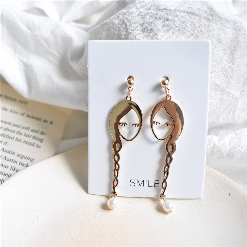 Gold Color Hollow Long Hair Girls Face Imitation Pearl Drop Earrings Metal Cute Human Figure Long Dangle Earrings Woman Jewelry