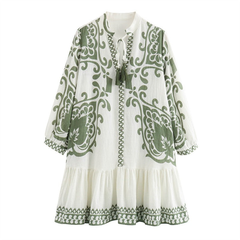 Printed lace up tassel fashion dress