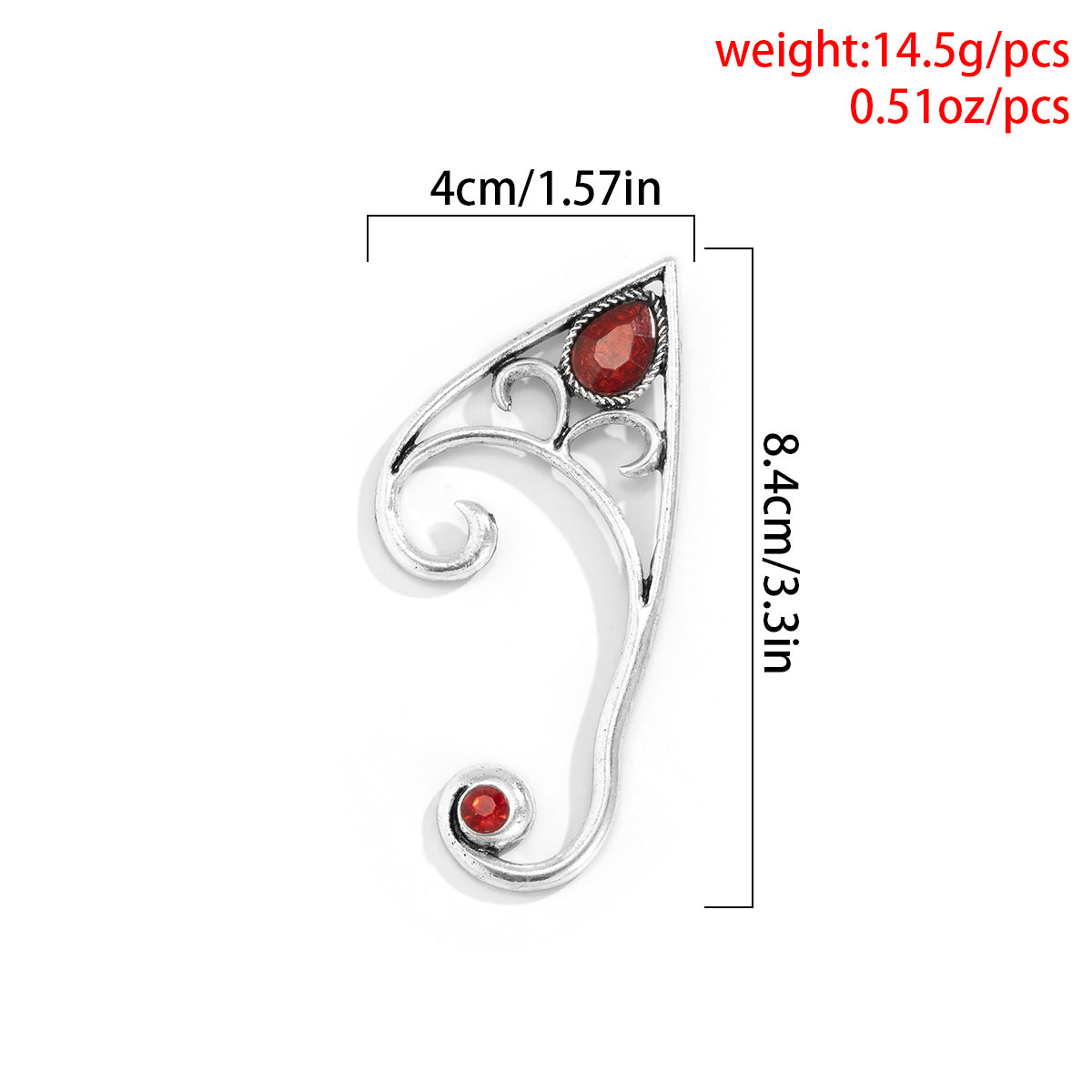 Retro red gemstone outline alloy ear hook clip, personalized hollow out ear hole free Halloween ear accessory