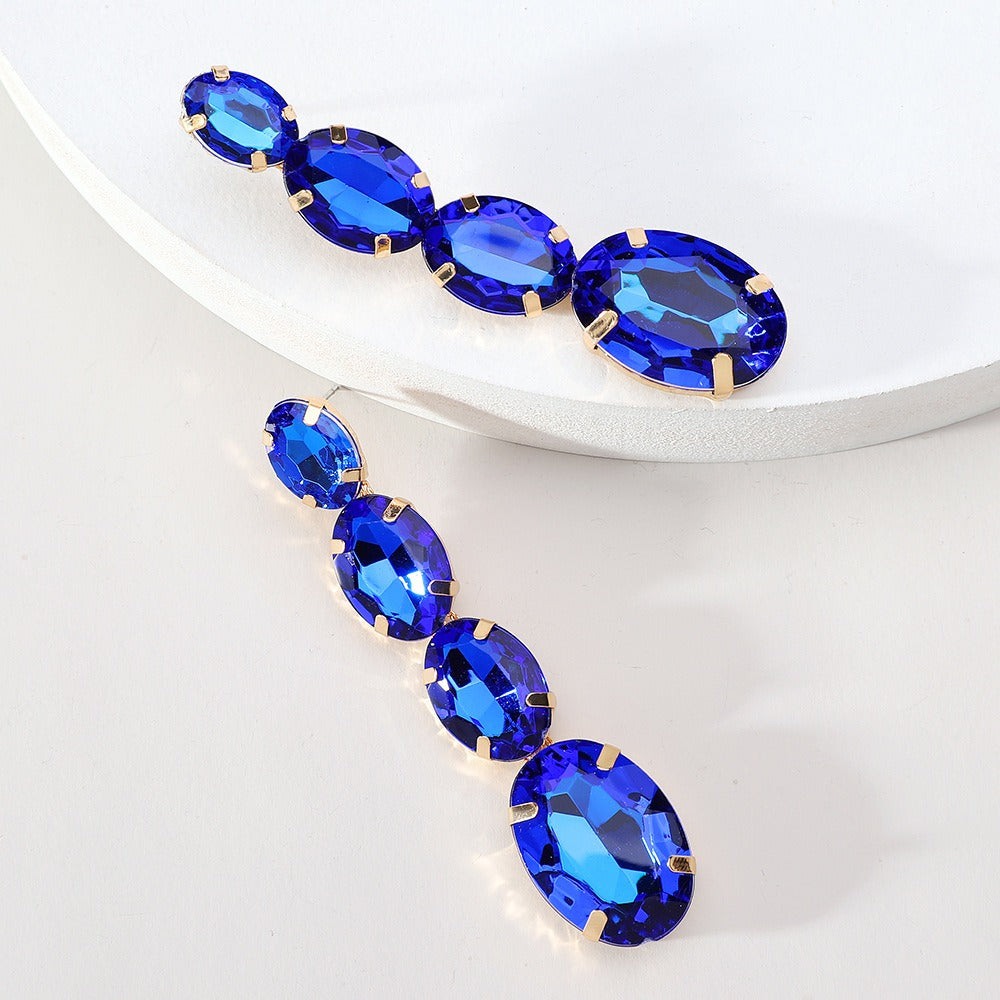 Oval crystal long pendant earrings, elegant, feminine, niche design earrings