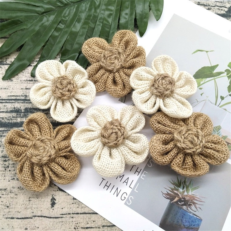 5Pcs Handmade Burlap Flowers Vintage hessian Jute Wedding Christmas Decoration Party Supplies Natural color Shabby Chic 62493