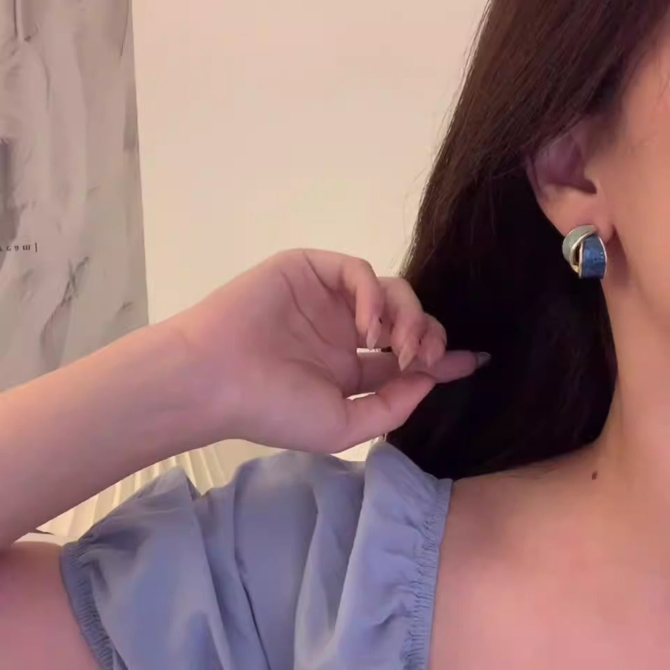 French color block blue stud earrings for women retro earrings