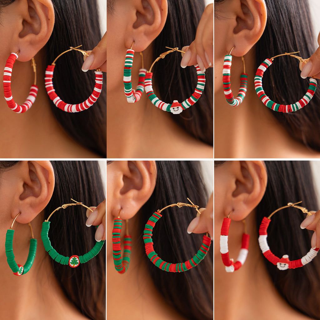 Creative Christmas color blocking earrings, personalized holiday gifts, Santa Claus soft ceramic ring earrings