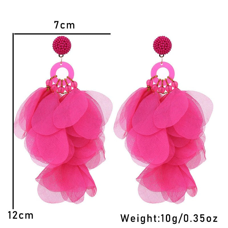 Fashionable handmade fabric floral earrings for women's exaggerated long earrings