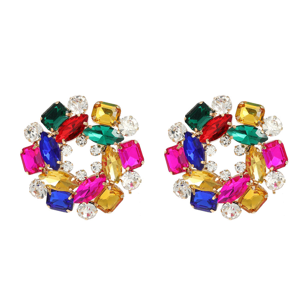 Exaggerated earrings, round floral earrings, women's full diamond banquet style, bridal earrings