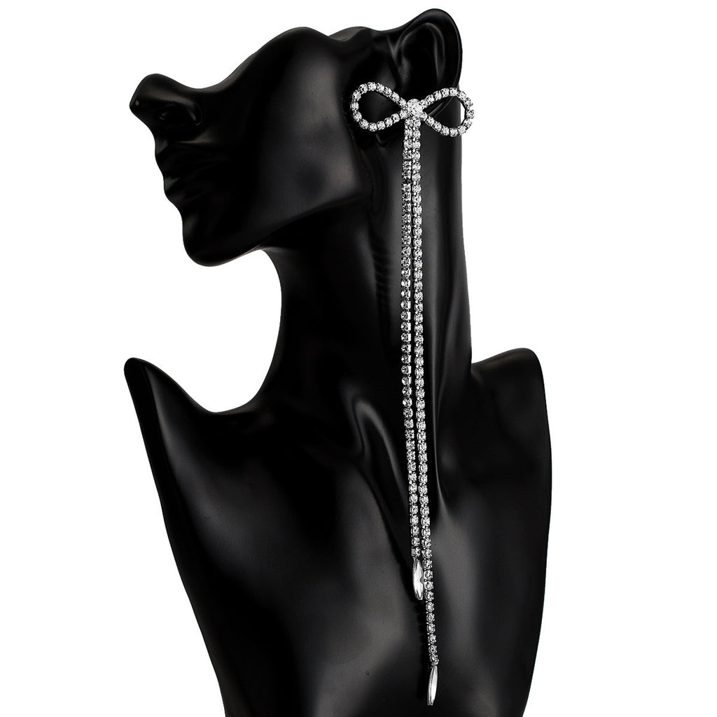 Diamond bow shaped claw chain tassel earrings women's long earrings Bohemian style