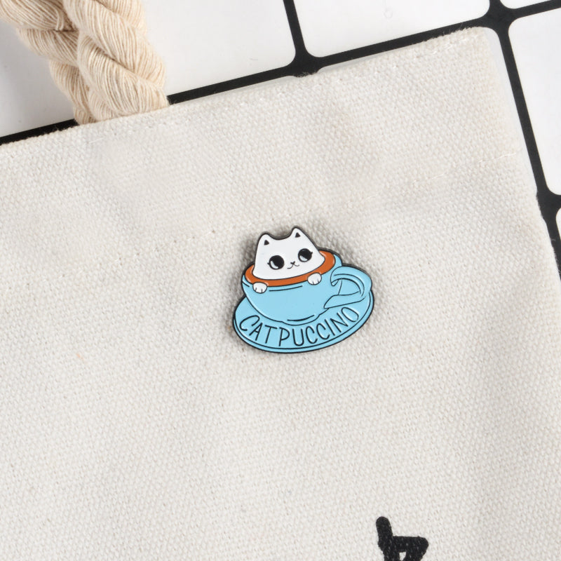 Cat coffee Enamel pin Coffee cup brooch Bag Clothes Lapel Pin Button Badge Cartoon cute animal Jewelry Gift for friends kids