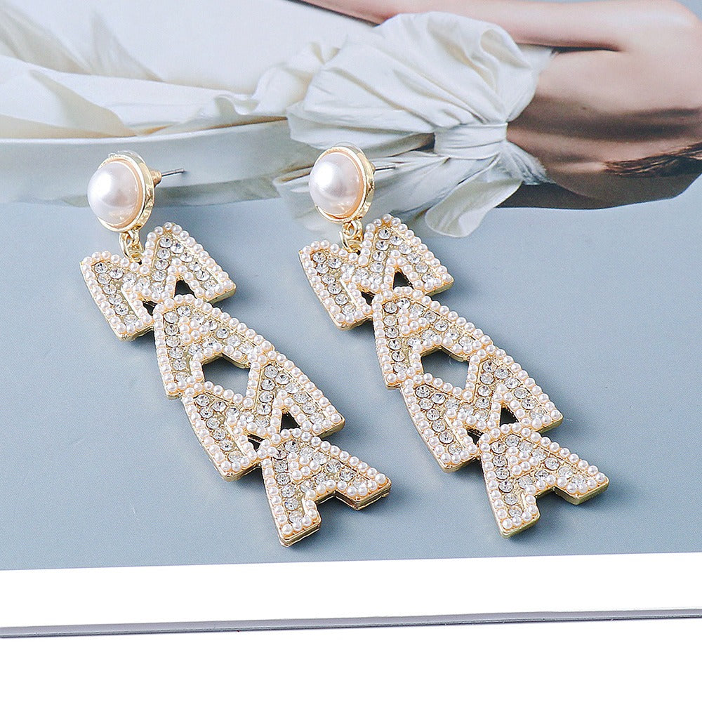 Minimalist Pearl Set Diamond Earrings Letter MAMA Earrings