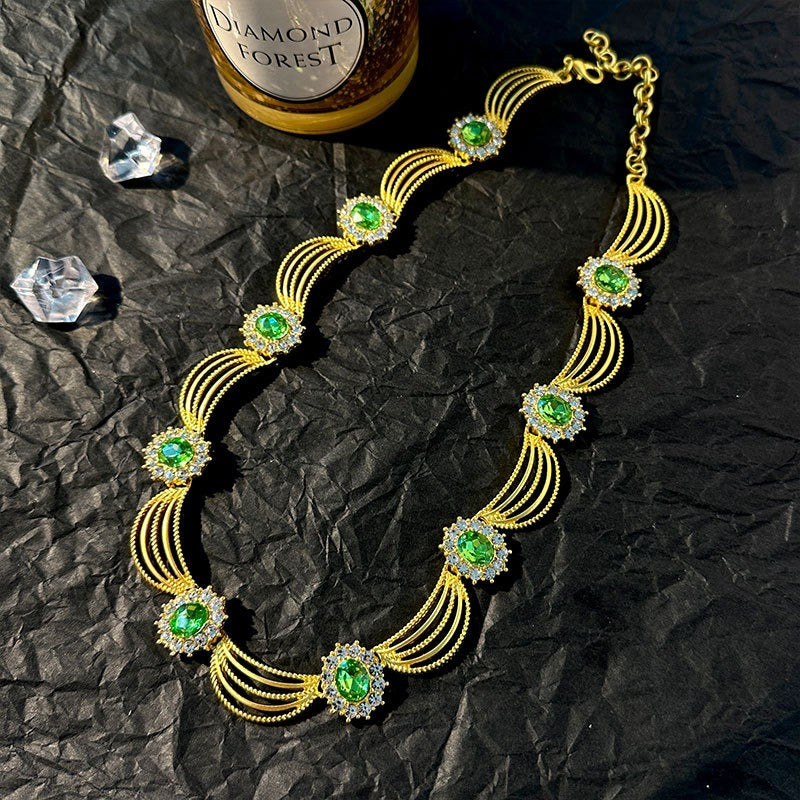 Fashion alloy diamond set emerald necklace for women