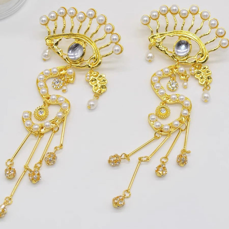 European and American Heavy Industries Exaggerated Personality Devil's Eye Pearl S Letter Tassel Large Earrings Light Luxury High End Earrings