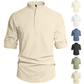 Men's Cotton Linen Henley Collar Solid Color Lightweight Long Sleeve Button-Down Shirt
