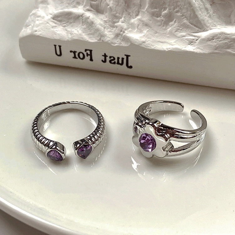 Niche design sense zircon love flower ring set female retro personality simple and versatile temperament ring with adjustable opening