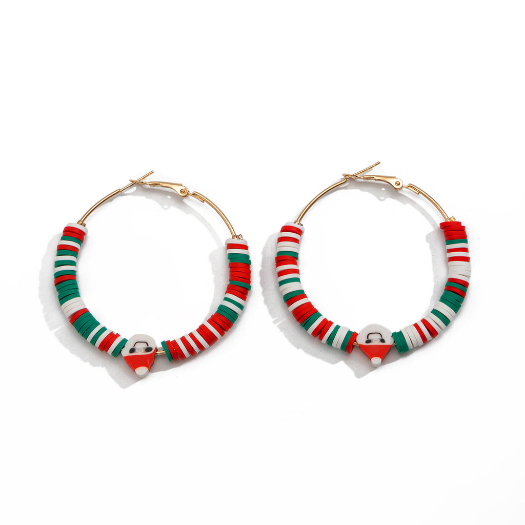 Creative Christmas color blocking earrings, personalized holiday gifts, Santa Claus soft ceramic ring earrings