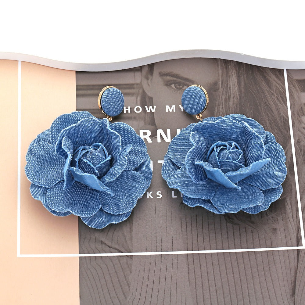 Handmade denim flower earrings vintage fabric rose flower earrings