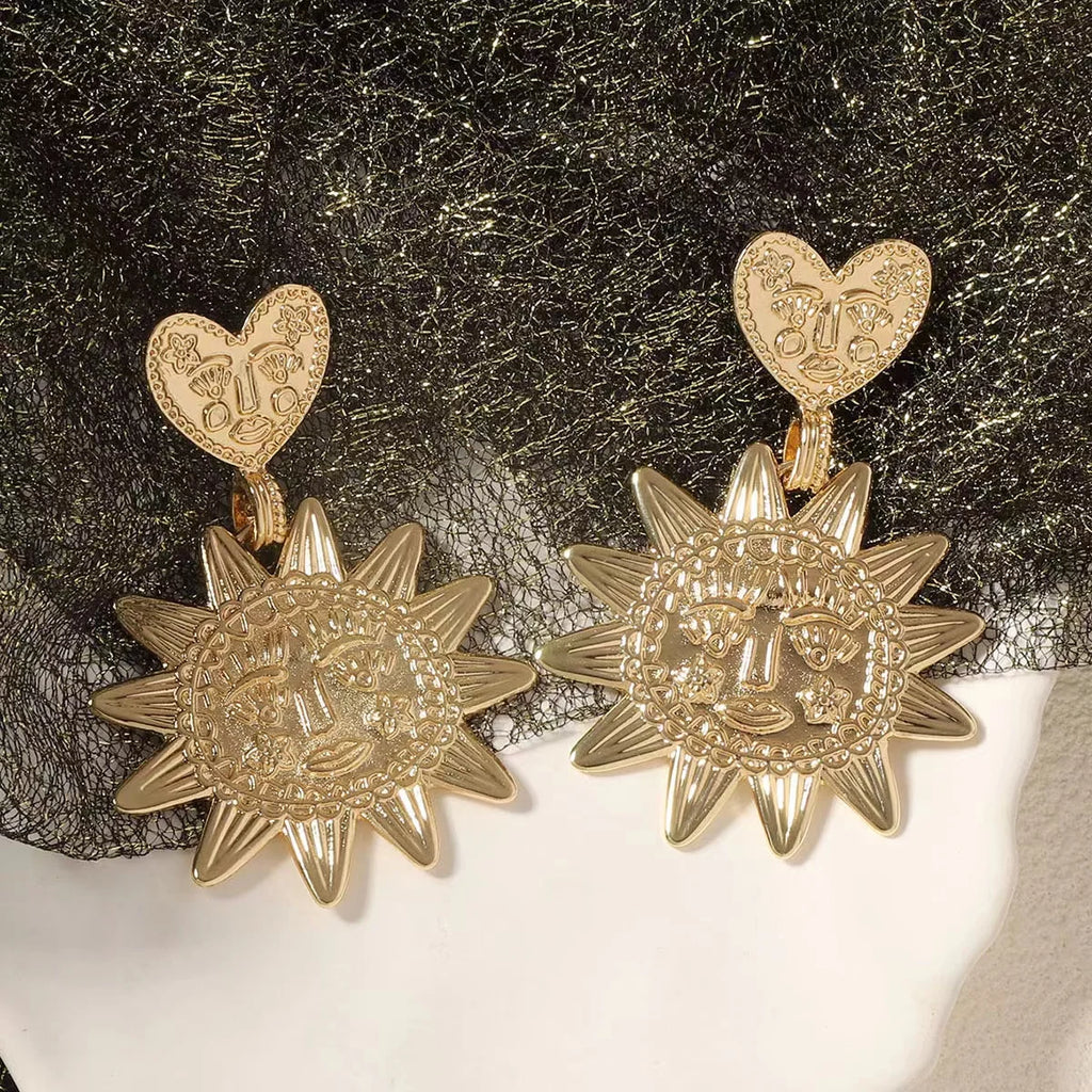 Retro Fashion Alloy Sunflower Pendant Heart Earrings