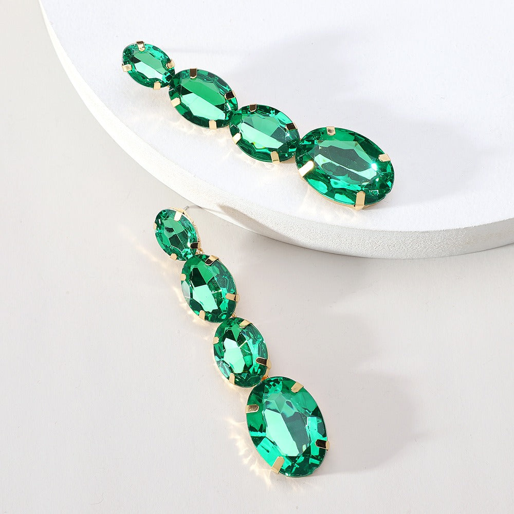 Oval crystal long pendant earrings, elegant, feminine, niche design earrings
