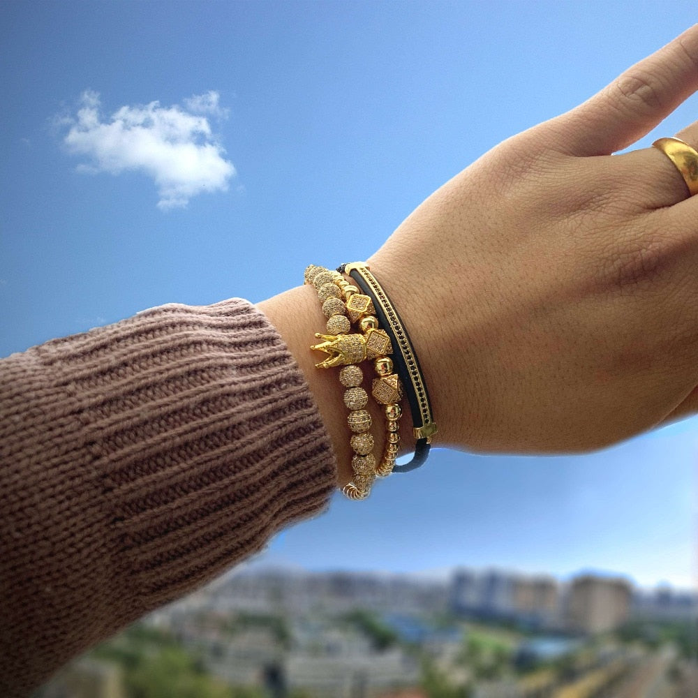 3pcs/set Luxury CZ polygon ball crown Charm copper bead Macrame handmade men Bracelets set bracelets & bangles for Men Jewelry