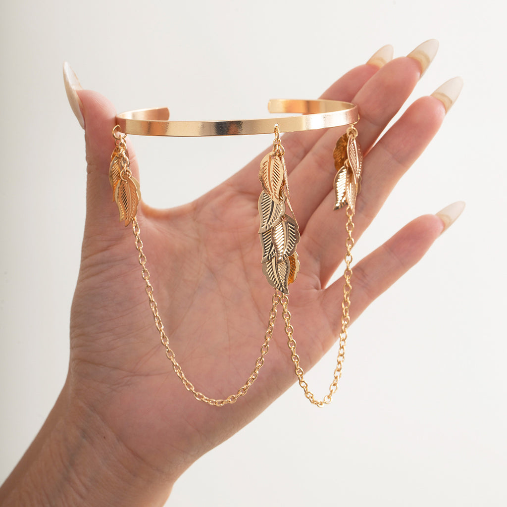 Simple All-Match Street Beat Open Jewelry Geometric Leaves Tassel Chain Pendant Arm Bracelet Woman