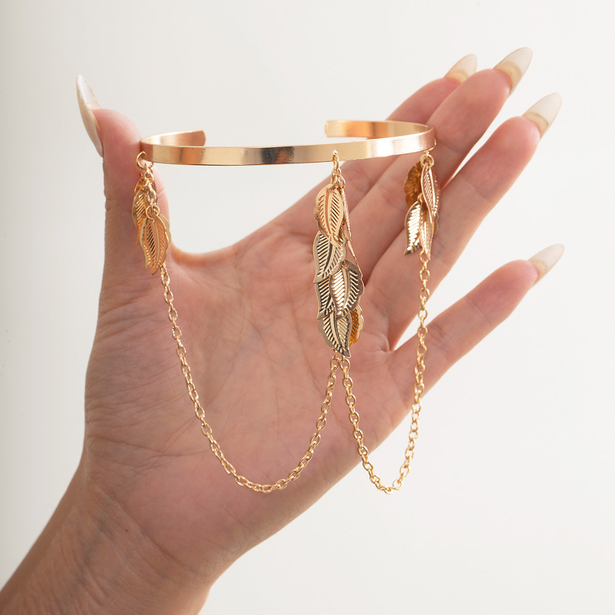 Simple All-Match Street Beat Open Jewelry Geometric Leaves Tassel Chain Pendant Arm Bracelet Woman