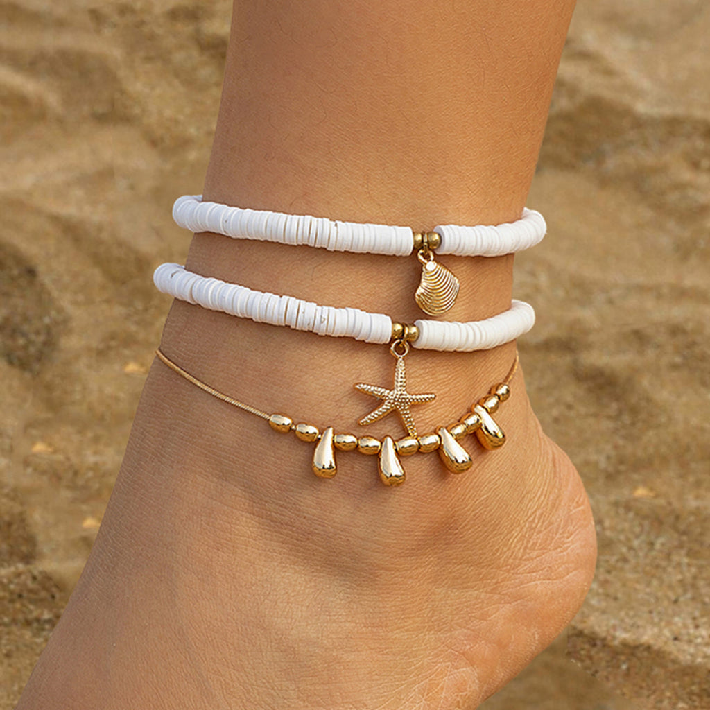 Holiday starfish soft ceramic ankle chain set, beach multi-layer alloy copper chain ankle ring