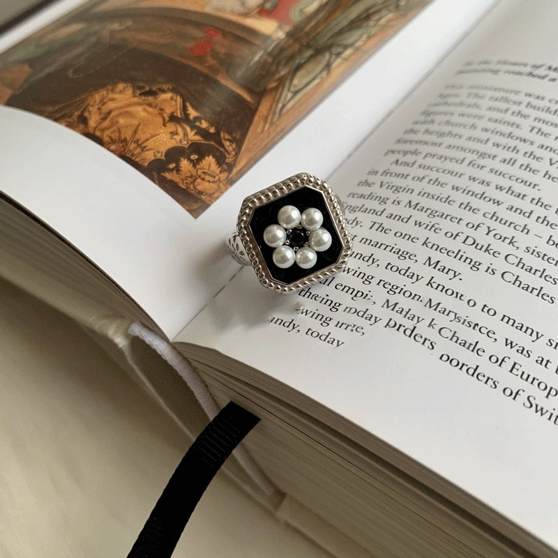 S925 Sterling Silver Rings for Women Fashion Simplicity Geometry Pearl Flower Adjustable Opening Rings Jewelry