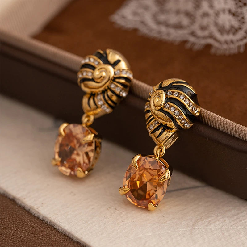 Drip Oil Palace Style Zircon Stone Pendant Earrings, Screw Earrings