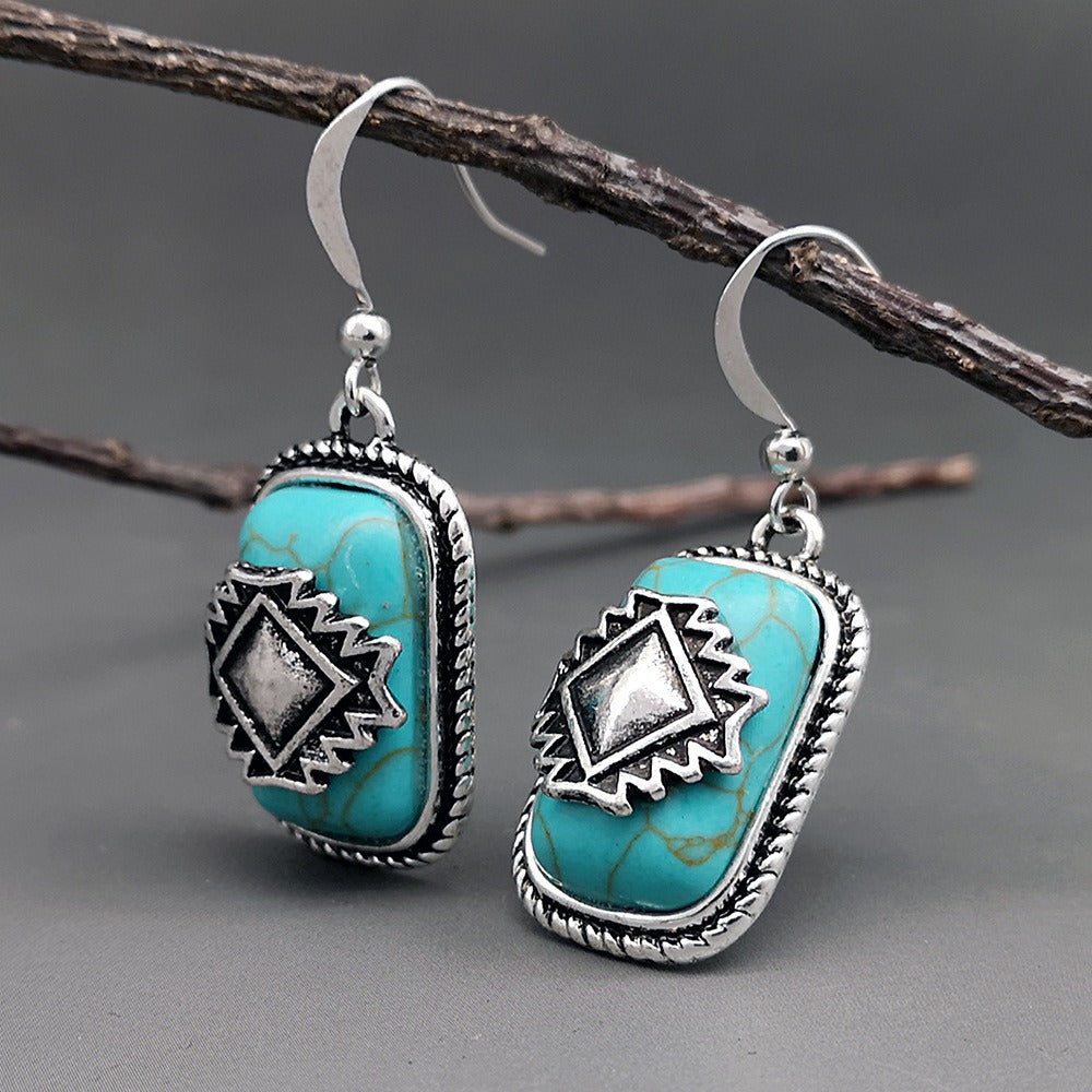 European and American National Shield Vintage Earrings 925 Green Turquoise Earrings