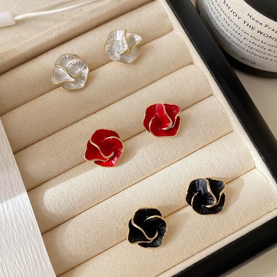 S925 Silver Needle French Camellia Earrings Red Flower Earrings