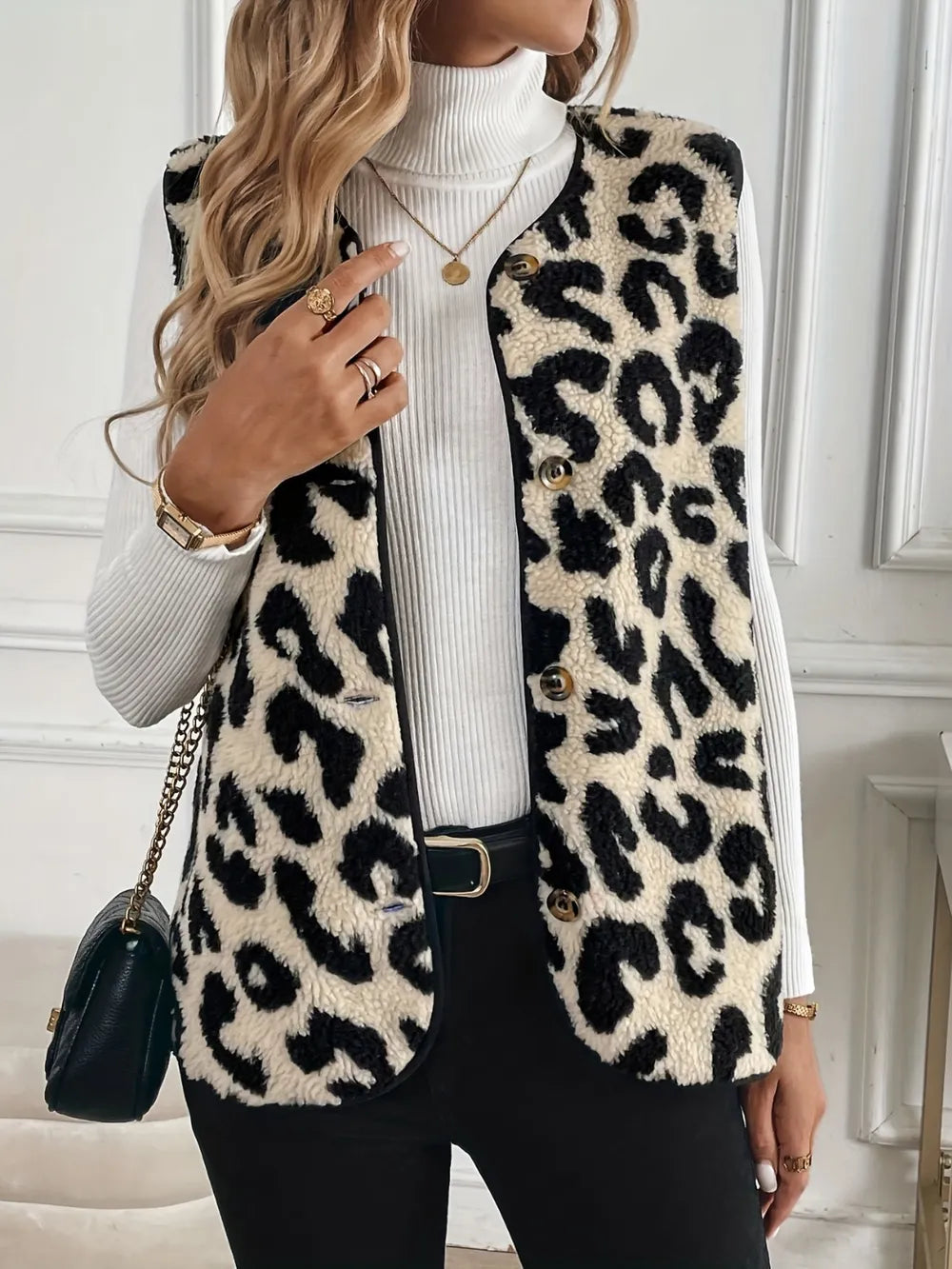 Leopard print front button plush fashion vest