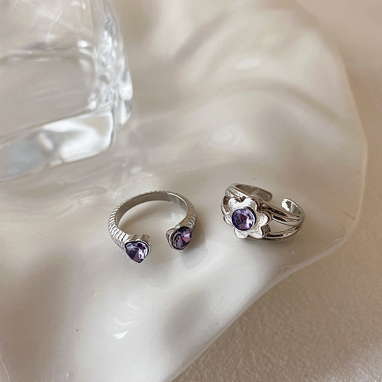 Niche design sense zircon love flower ring set female retro personality simple and versatile temperament ring with adjustable opening