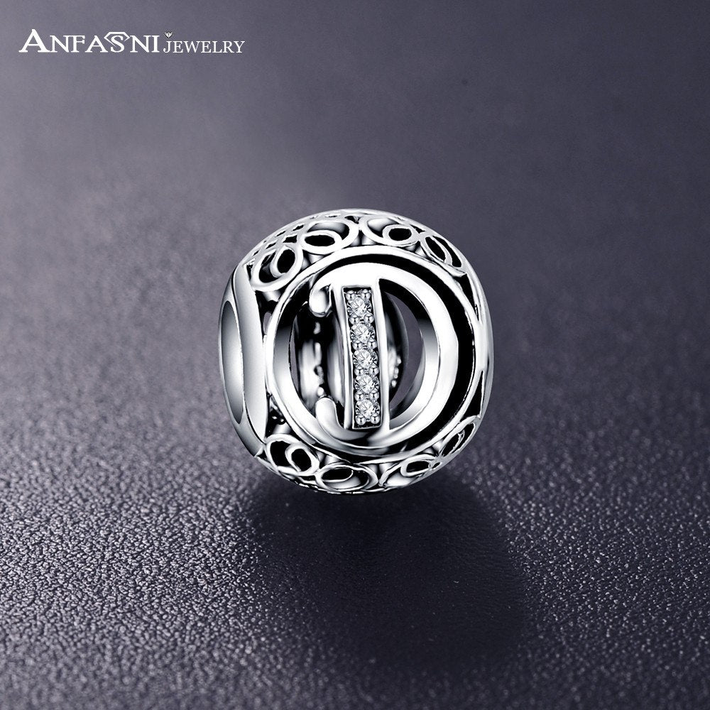 Real 925 Sterling Silver Vintage Clear Letter Bead Charms Fit Pandora Women Charm Bracelets Silver Jewelry