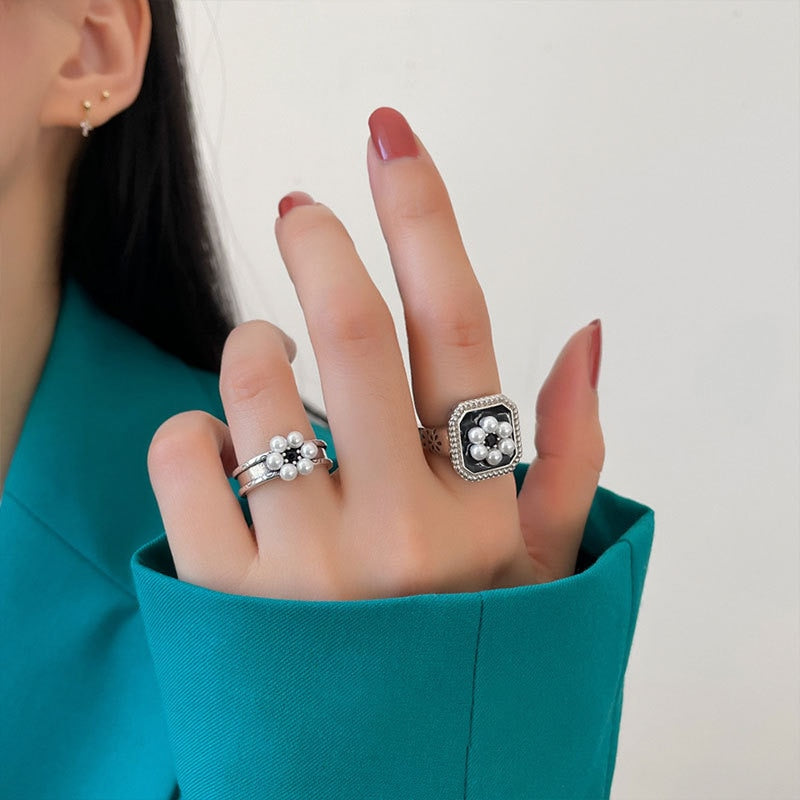 S925 Sterling Silver Rings for Women Fashion Simplicity Geometry Pearl Flower Adjustable Opening Rings Jewelry