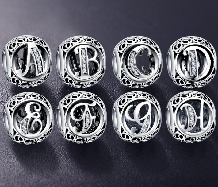 Real 925 Sterling Silver Vintage Clear Letter Bead Charms Fit Pandora Women Charm Bracelets Silver Jewelry