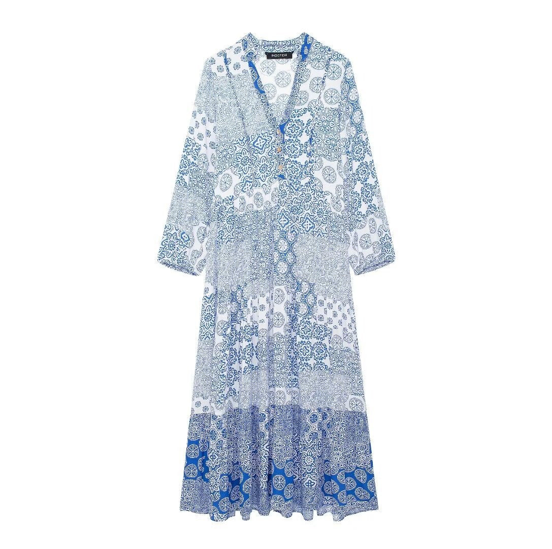 Printed Fashion Loose Basic Flip Neck Dress