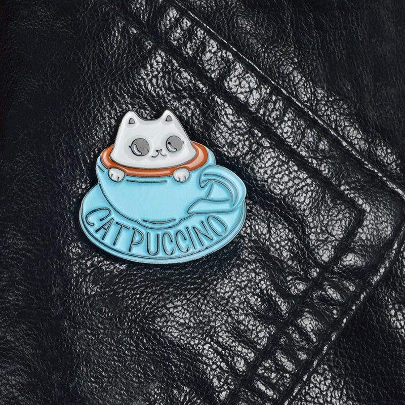 Cat coffee Enamel pin Coffee cup brooch Bag Clothes Lapel Pin Button Badge Cartoon cute animal Jewelry Gift for friends kids