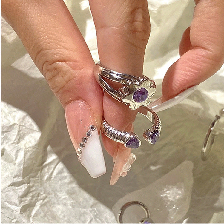 Niche design sense zircon love flower ring set female retro personality simple and versatile temperament ring with adjustable opening