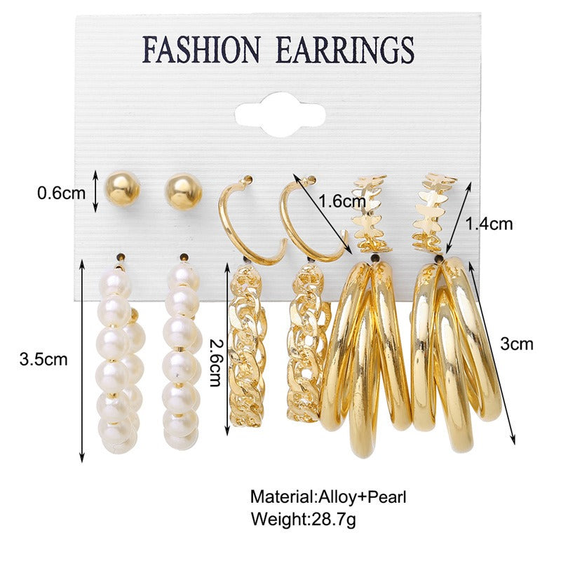 Earrings 3-piece set of geometric pearl circle earrings, chain earrings, round bead earrings, combination set