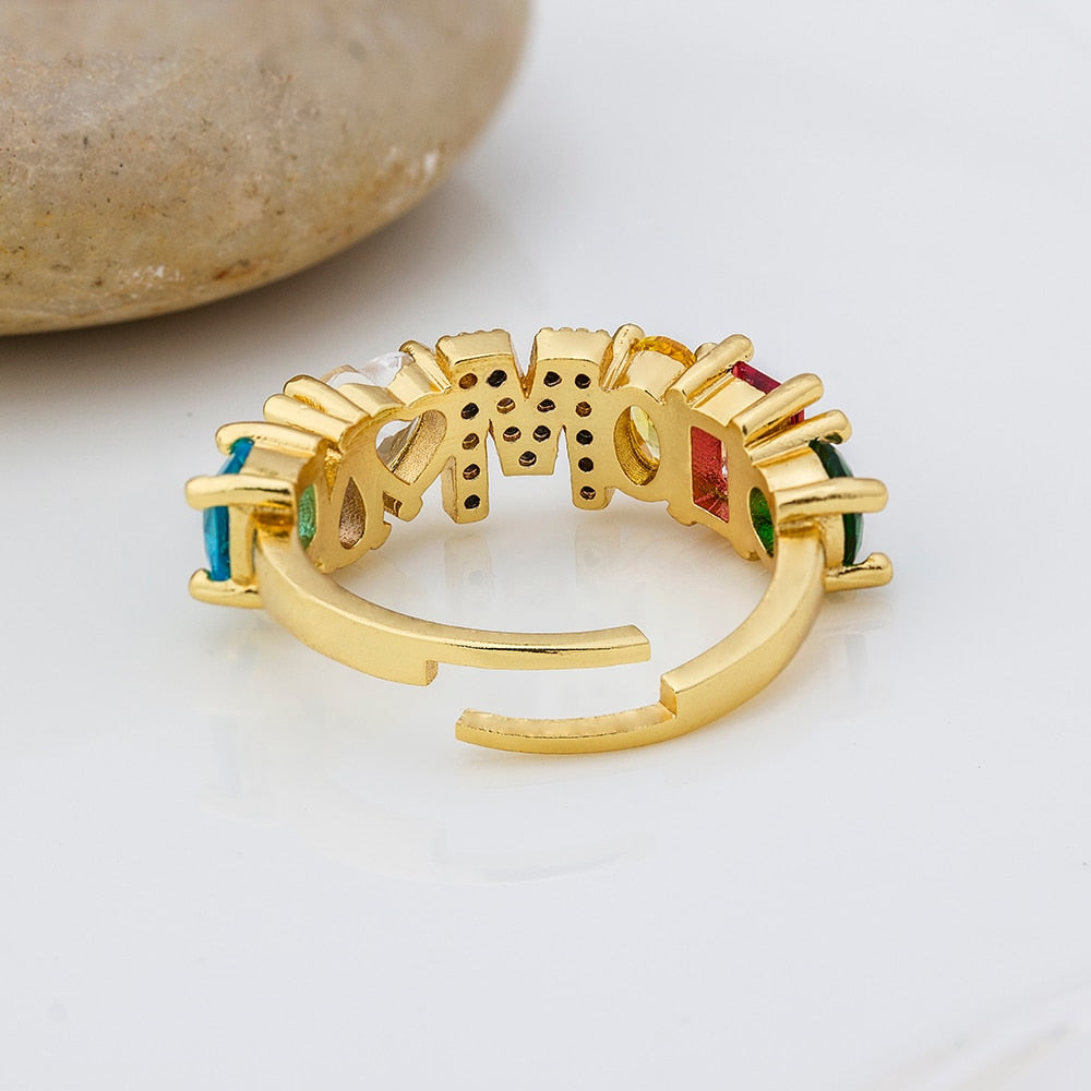 Hot Sale Adjustable A-Z Initial Ring Bohemian Copper Zircon  Rainbow Letter Rings for Women Girls Party Wedding Jewelry Gift