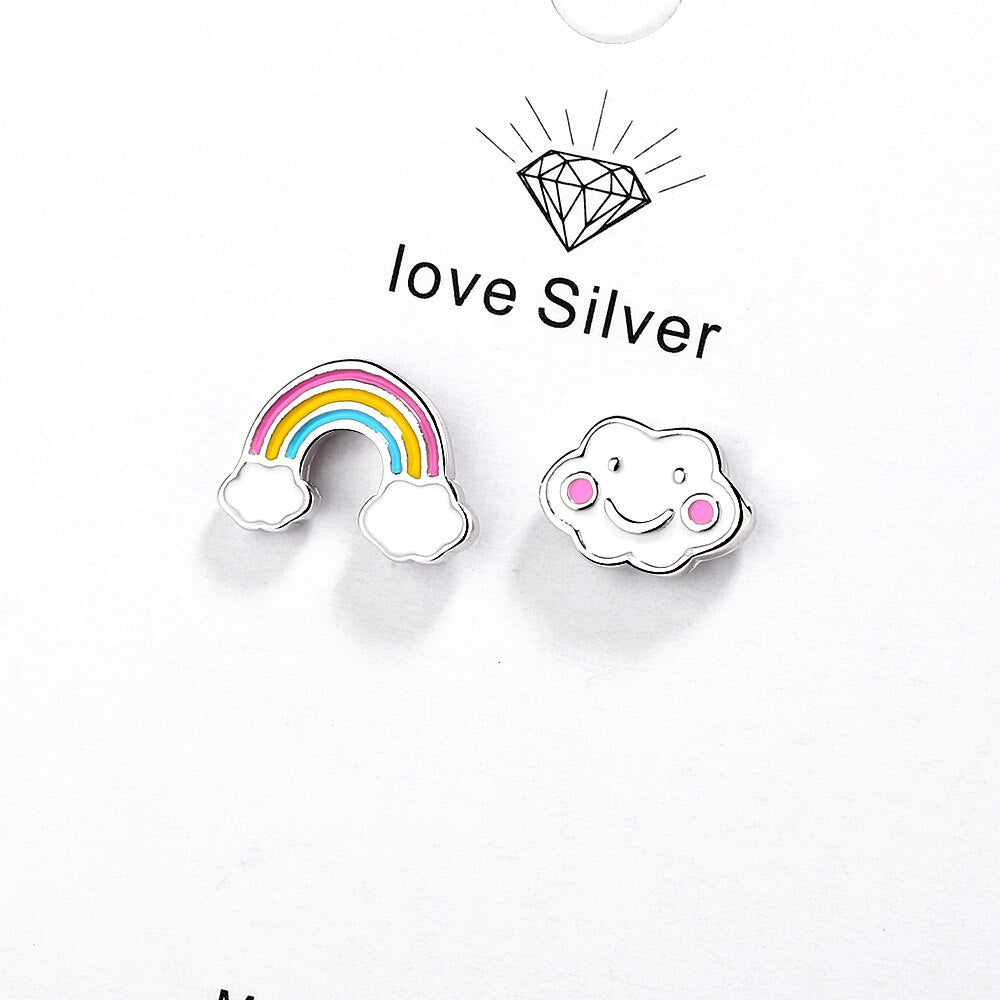 Sterling Silver Simple Cute Rainbow Cloud Asymmetric Stud Earrings With Earring Jewelry For Girls S-E956