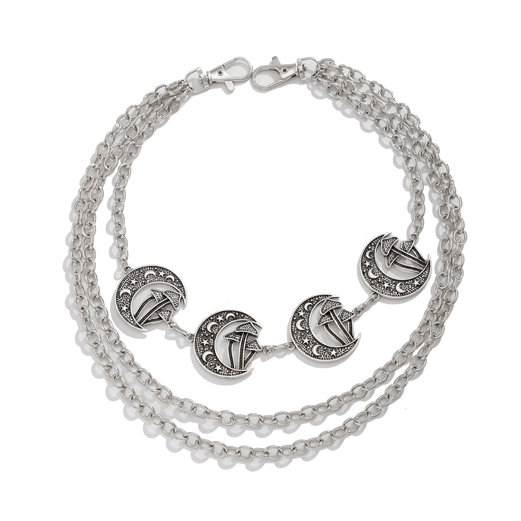 Punk style Moon Teeth Mushroom Cross Chain Pants Chain Street Fashion Multi layer Alloy Waist Chain