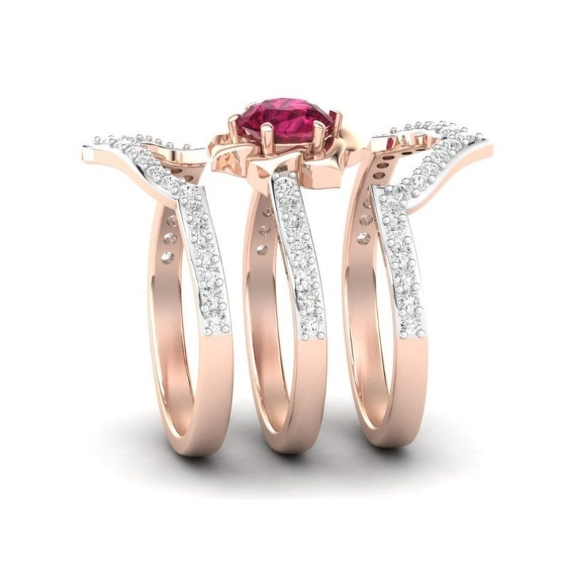 FDLK  3Pcs/Set Exquisite Rose Gold Flower Ring Anniversary Proposal Jewelry Women Engagement Wedding Band Ring Set