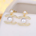 Simple Pearl Earrings Temperament Gold Diamond Studded Letter Earrings