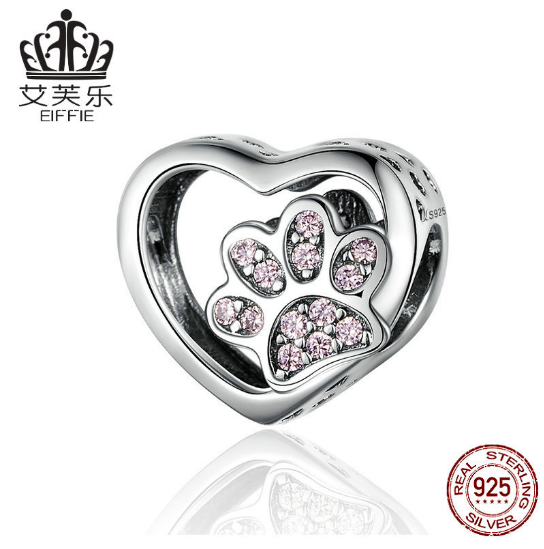 S925 Sterling Silver Heart Pet Paw Print Set Pink Diamond DIY Bracelet Beaded Silver Jewelry Accessories