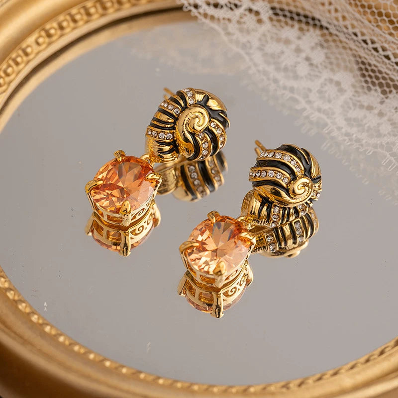 Drip Oil Palace Style Zircon Stone Pendant Earrings, Screw Earrings
