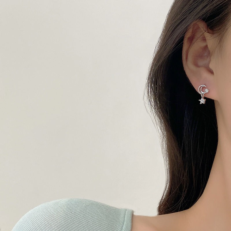 S925 Silver Needle Crystal Star Moon Earrings Star Earrings Female