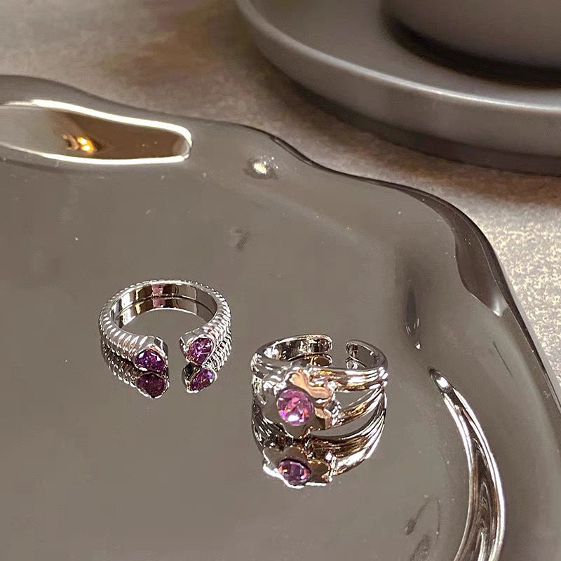 Niche design sense zircon love flower ring set female retro personality simple and versatile temperament ring with adjustable opening