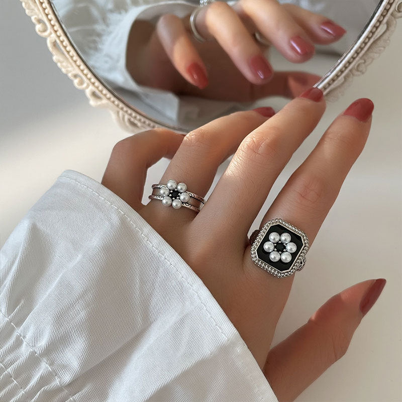 S925 Sterling Silver Rings for Women Fashion Simplicity Geometry Pearl Flower Adjustable Opening Rings Jewelry